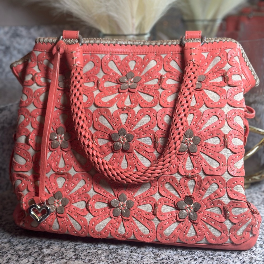 Brighton Gloria XL Leather Floral Tote Handbag Coral